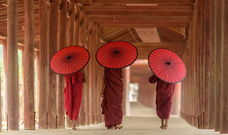Buddhist novices to pagoda Mandalay Myanmar
