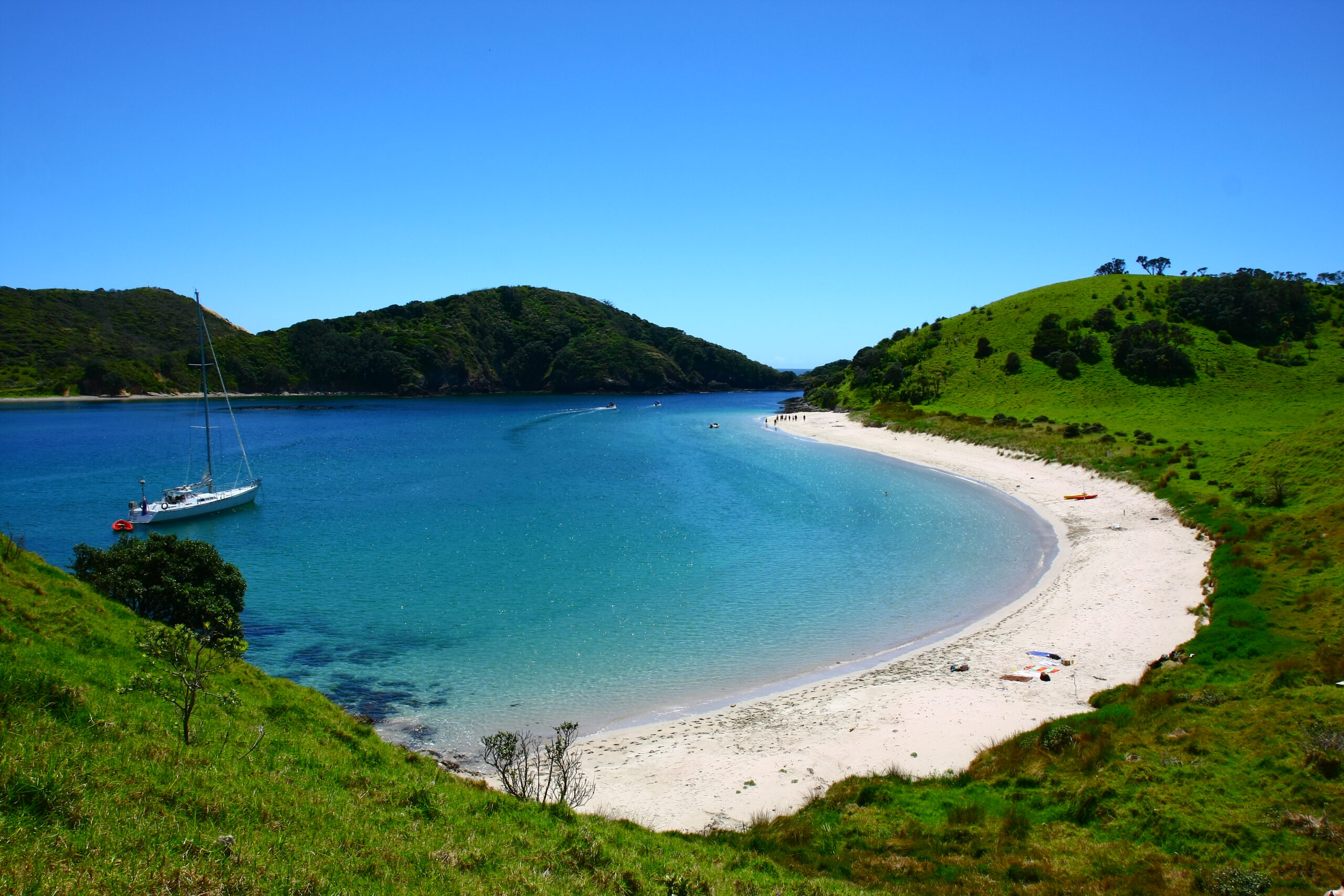 Bay of islands in New Zealand with a boat on the water