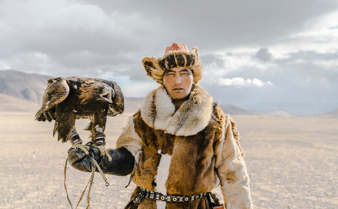 Mongolian with eagle Altai Mountains Mongolia