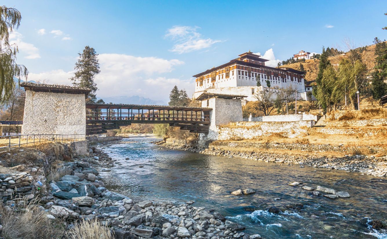 View of Paro Rinpung Dzong, an iconic fortress monastery featured in luxury holidays to Bhutan