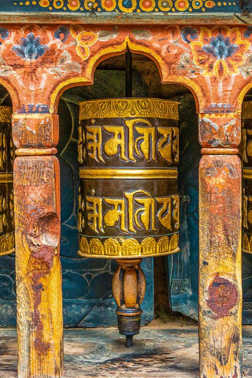Prayer wheels Tashichho Dzong Bhutan