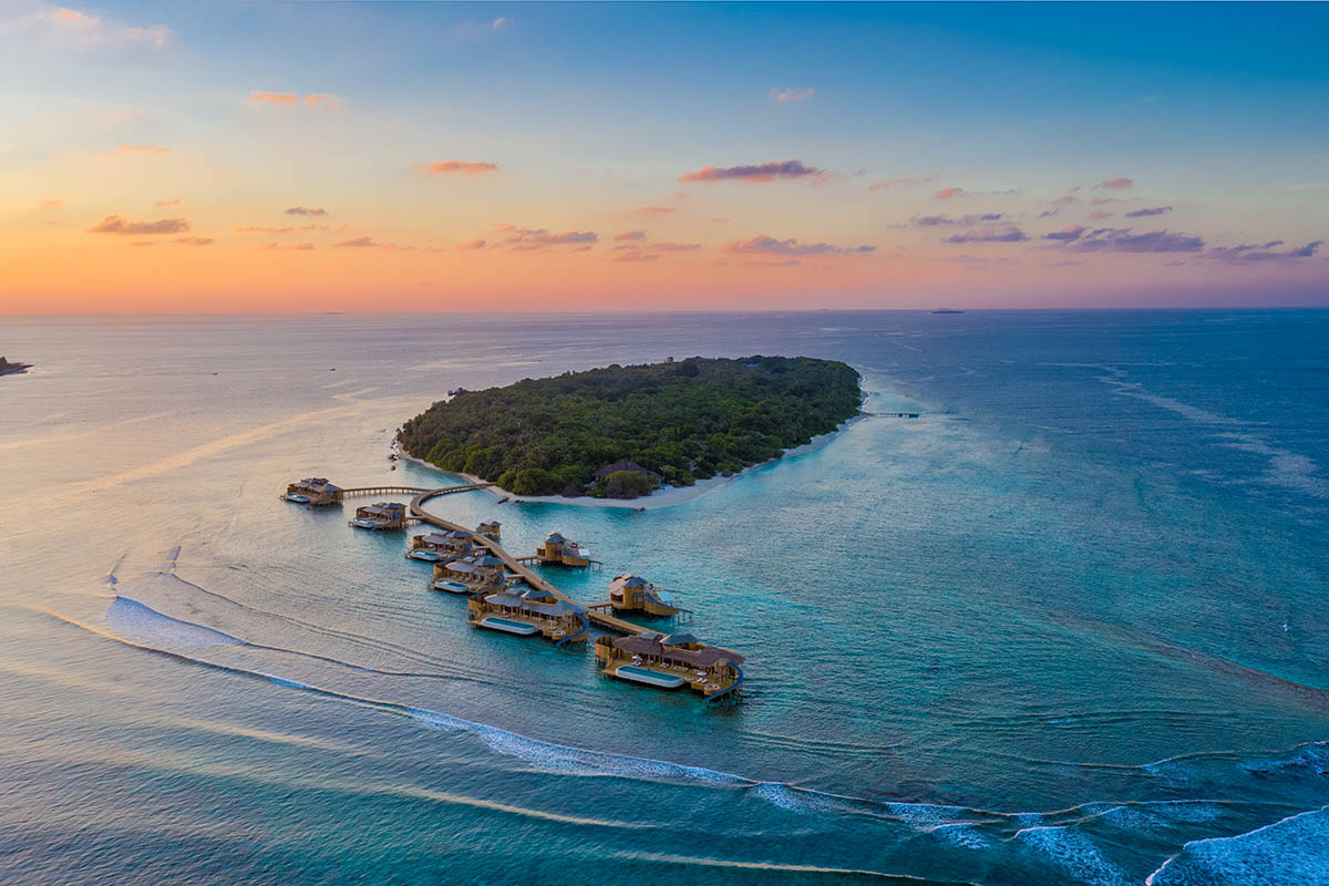 Aerial view of Soneva Fushi, luxury resort in the Mladives