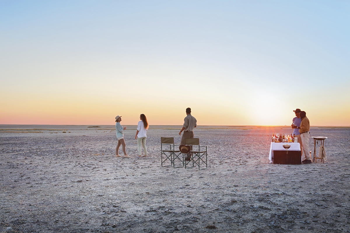 Sundowners on the Makgadikgadi pans, Botswana