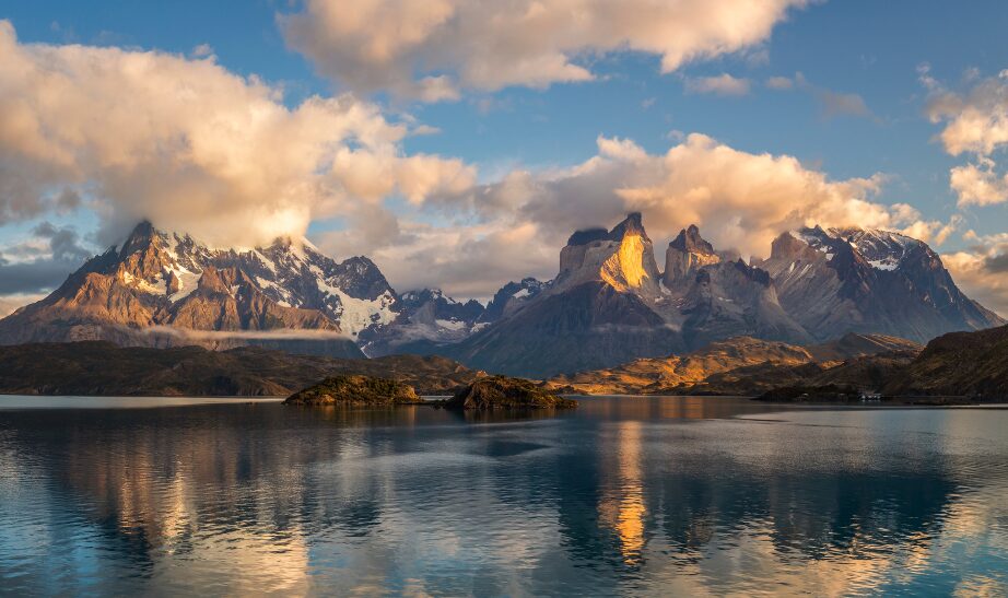 Pehoe Lake Reflection and Cuernos Peaks in the Morning, Torres del Paine National Park, Chile