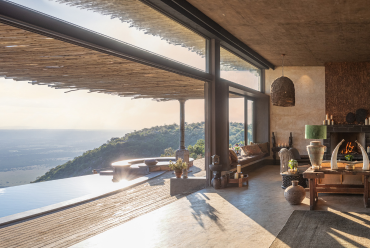 luxurious villa interior with a swimming pool view