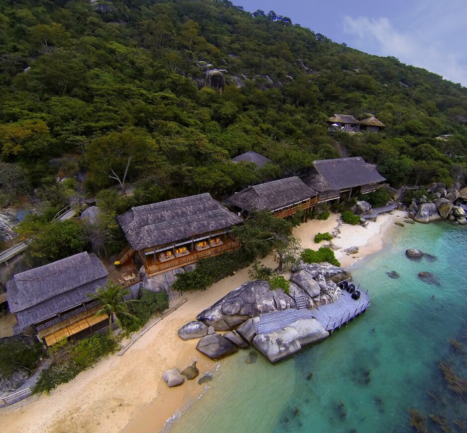 Aeriel view with dining on jetty, SS Ninh Van Bay, Nha Trang, Vietnam