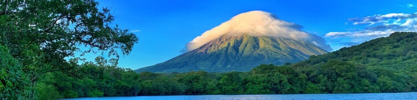 Panoramic view of Concepción volcano and Lake Cocibolca in Ometepe, Nicaragua