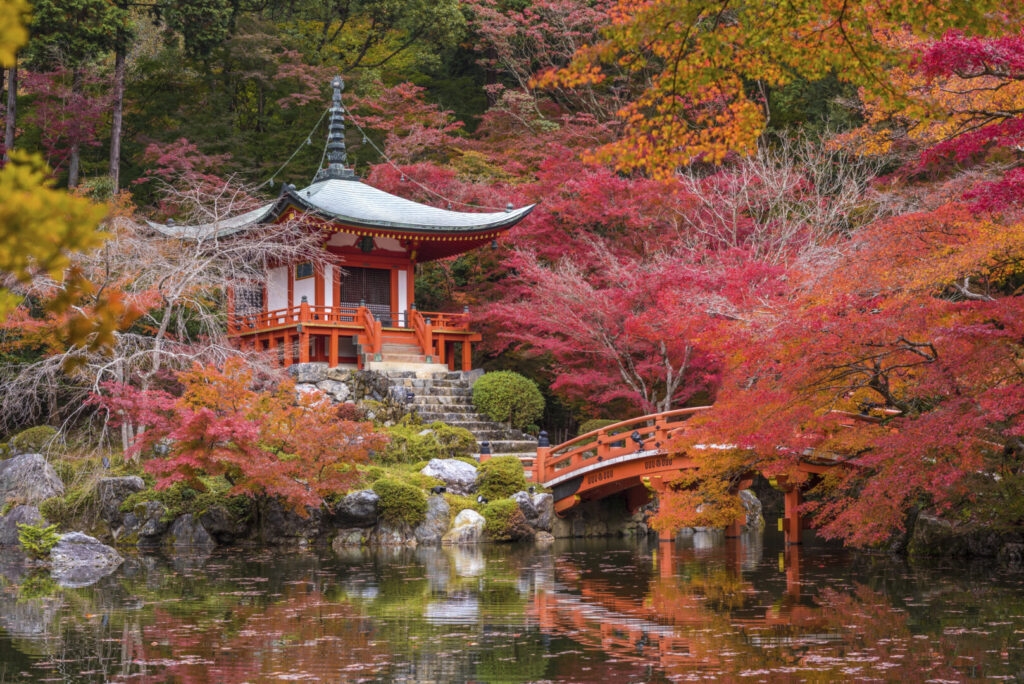 Daigoji temple in maple trees, momiji season, Kyoto, Japan seasons.