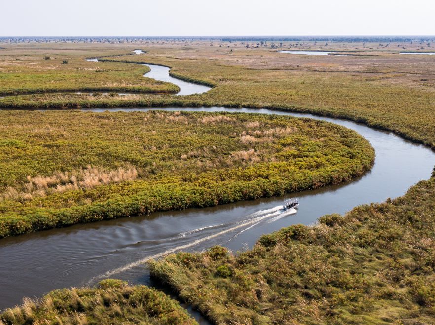 An aerial view near Sitatunga Private Island Camp in the Okavango Delta