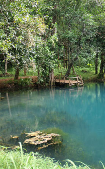 Turquoise lake edged by rainforest, with a small wooden jetty reaching out over the water, Madagascar.