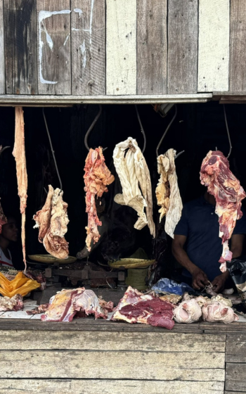Meats hanging at market stall in Madagascar